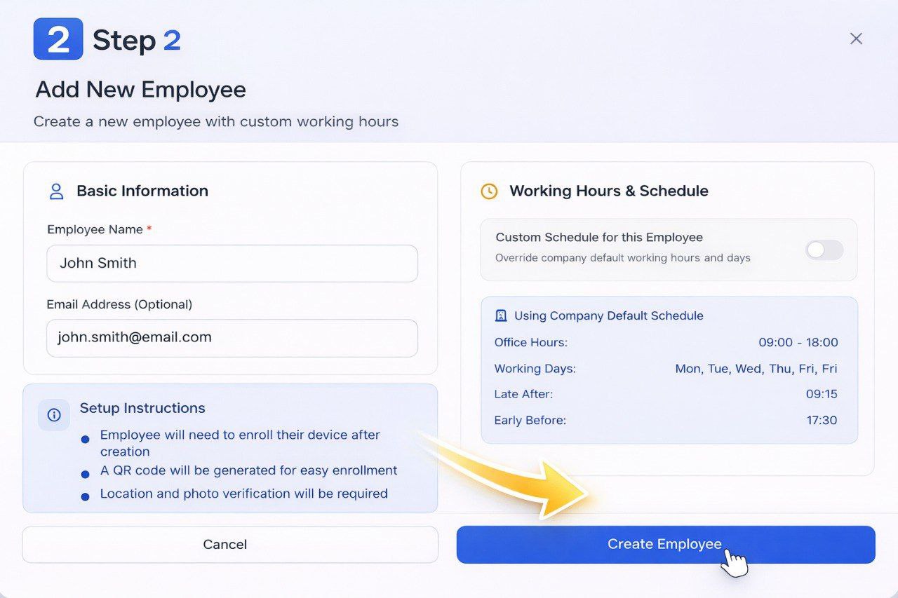 Timenox employee list management screen showing team members organized by department for attendance system configuration